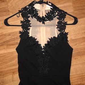 lace detail nude mesh insert open back cocktail dr